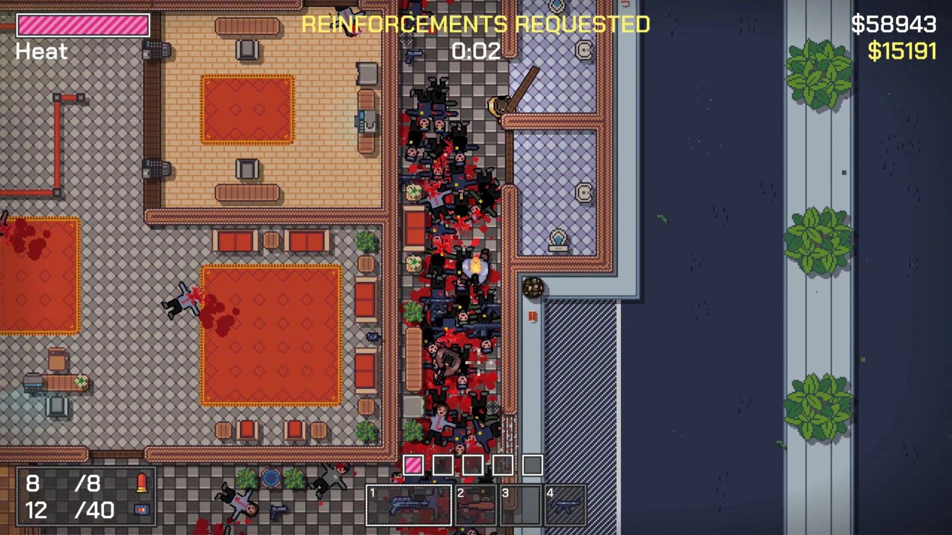 No Alibi: Intense hallway shootout with police among scattered bodies and blood in a tiled building.