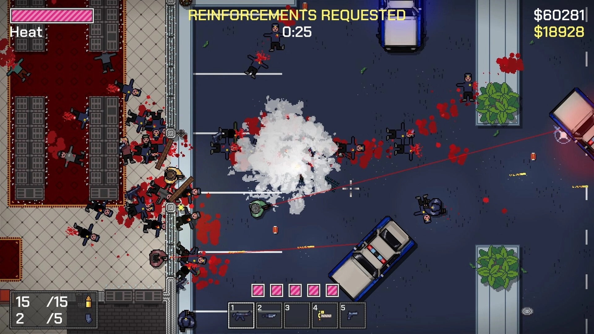 No Alibi: Top-down combat with police and criminals, smoke grenade deployed, urban street setting