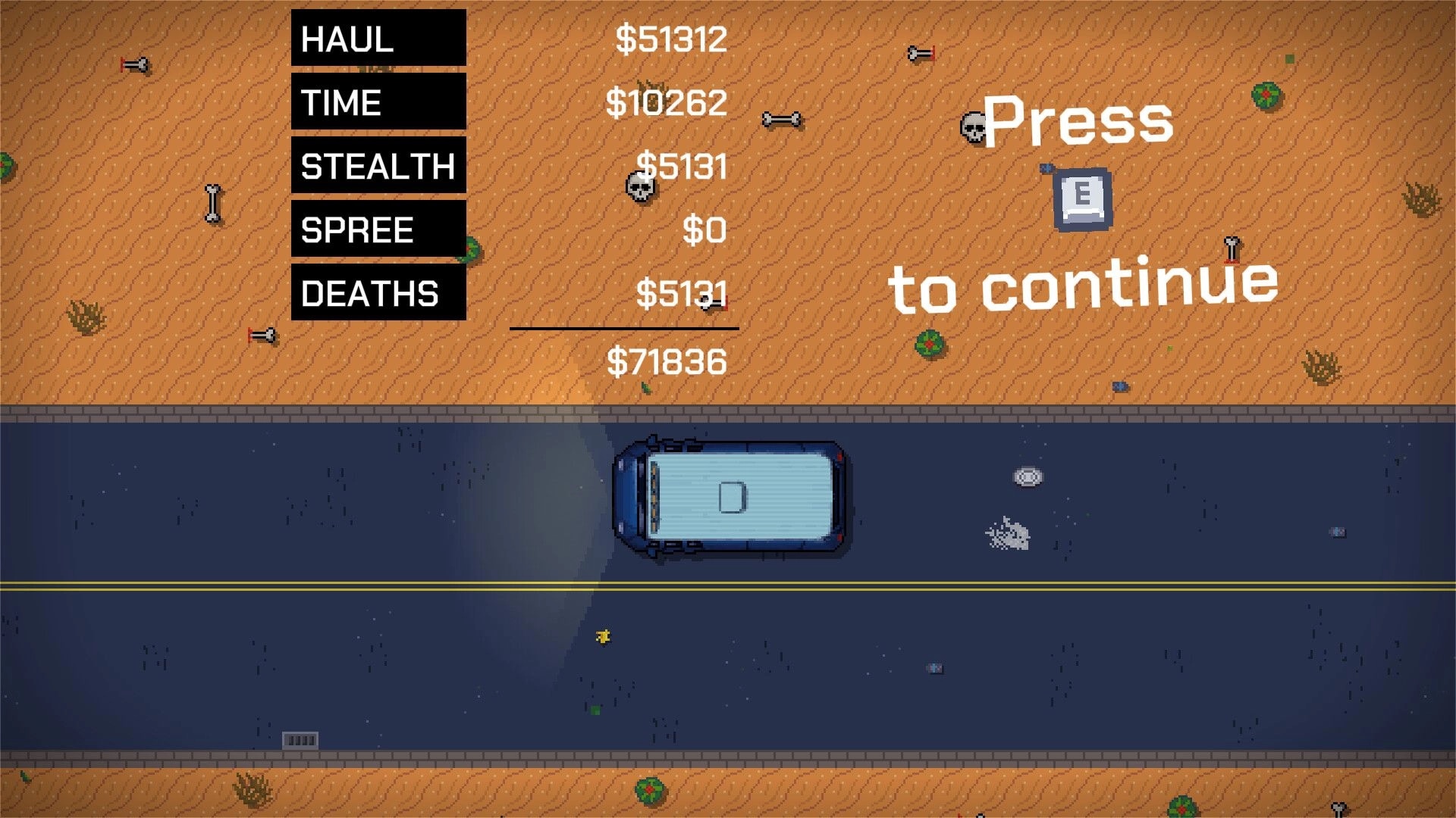 No Alibi: Overhead view of blue van on road with stats overlay in desert setting