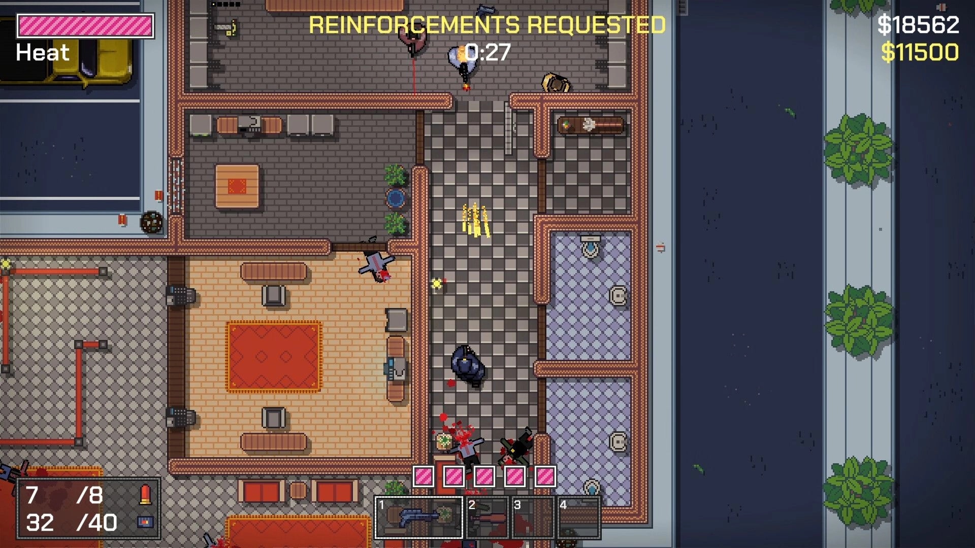 No Alibi: Top-down view of a bank heist in progress, with characters and equipment in action.