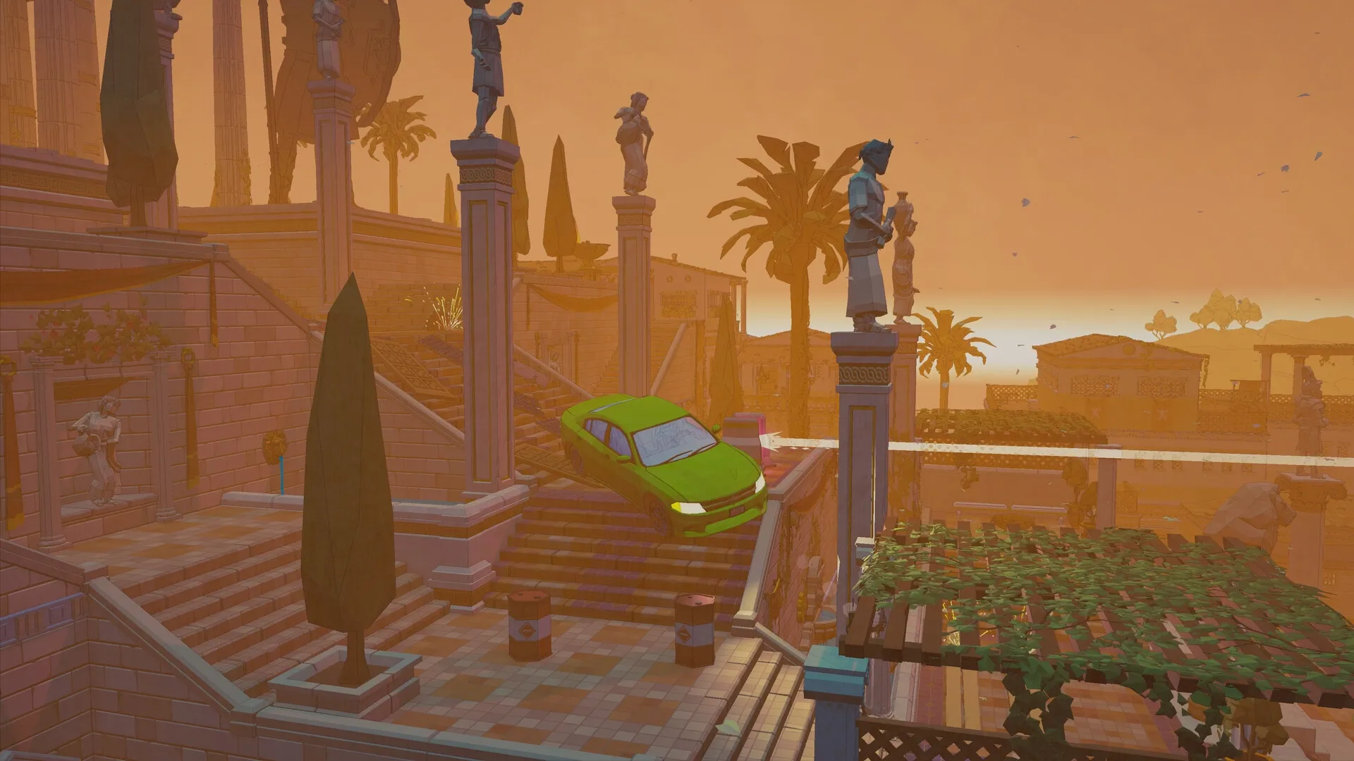 no brake no gain: Green car navigating stairs in ancient-themed city with statues and orange sky backdrop