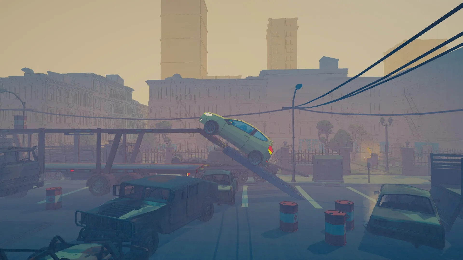 no brake no gain: Car ascending ramp amid abandoned vehicles in a deserted urban environment