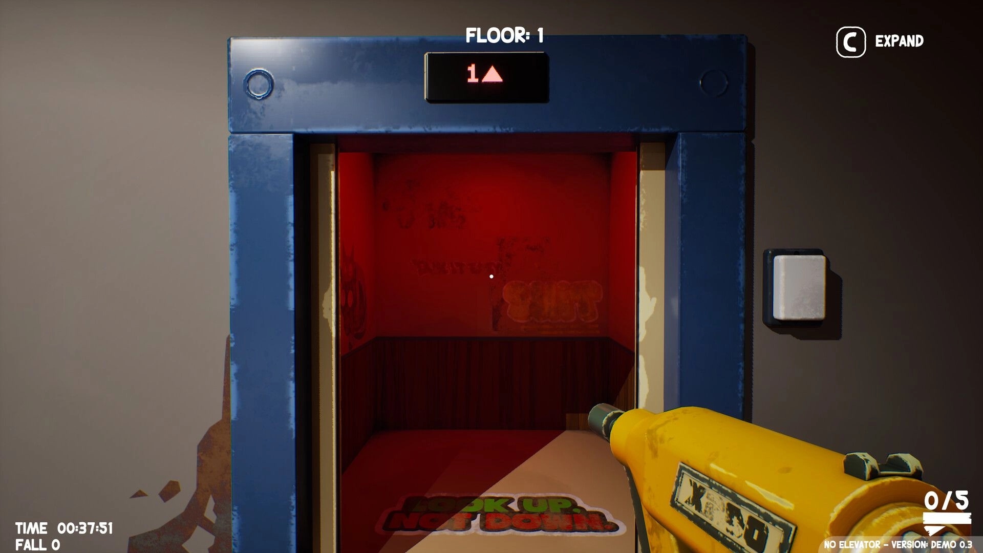 No Elevator: First-person view aiming a yellow plank gun into an open elevator on Floor 1 UI.
