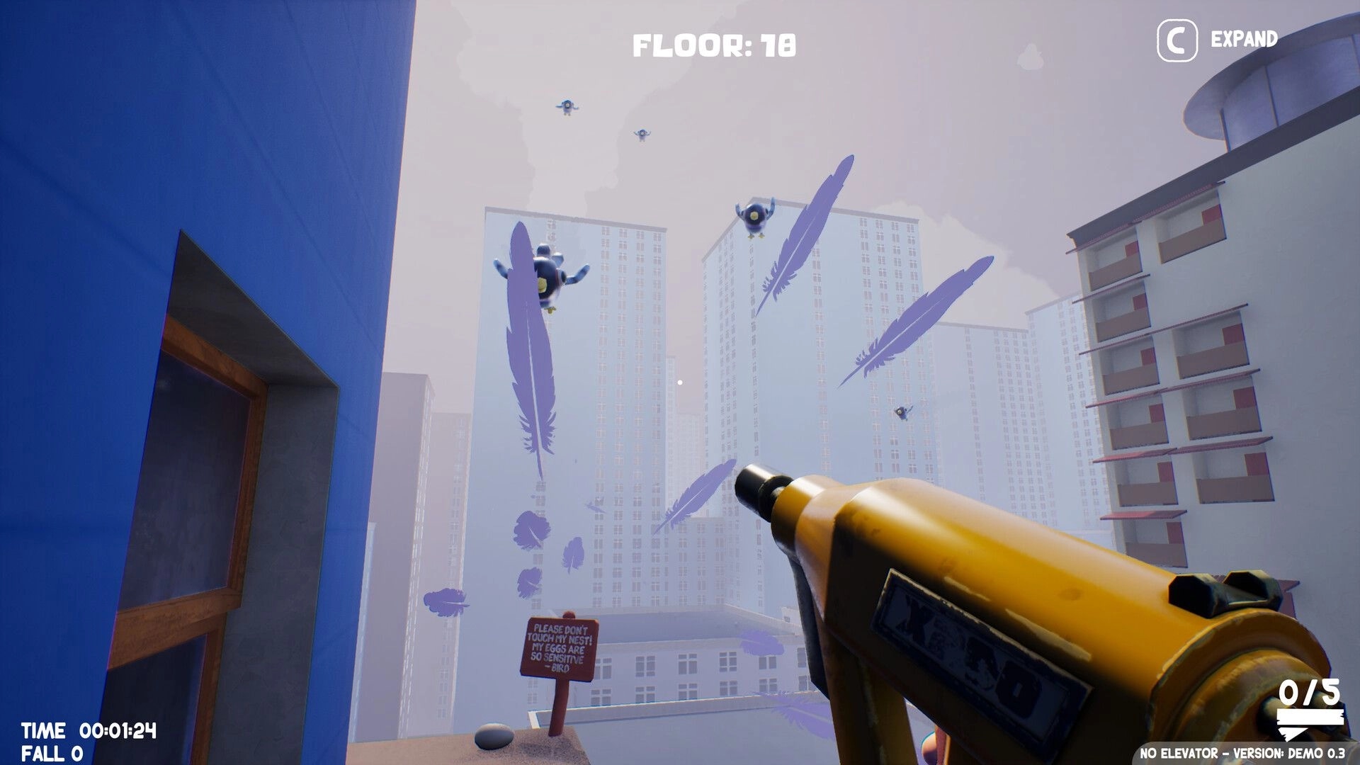 No Elevator: Plank gun aimed at flying birds and purple feathers on Floor 18 rooftop skyline.