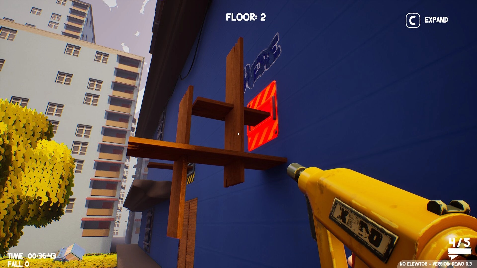 No Elevator: Plank gun aimed at wooden platform pieces on blue wall, Floor 2 UI on screen.