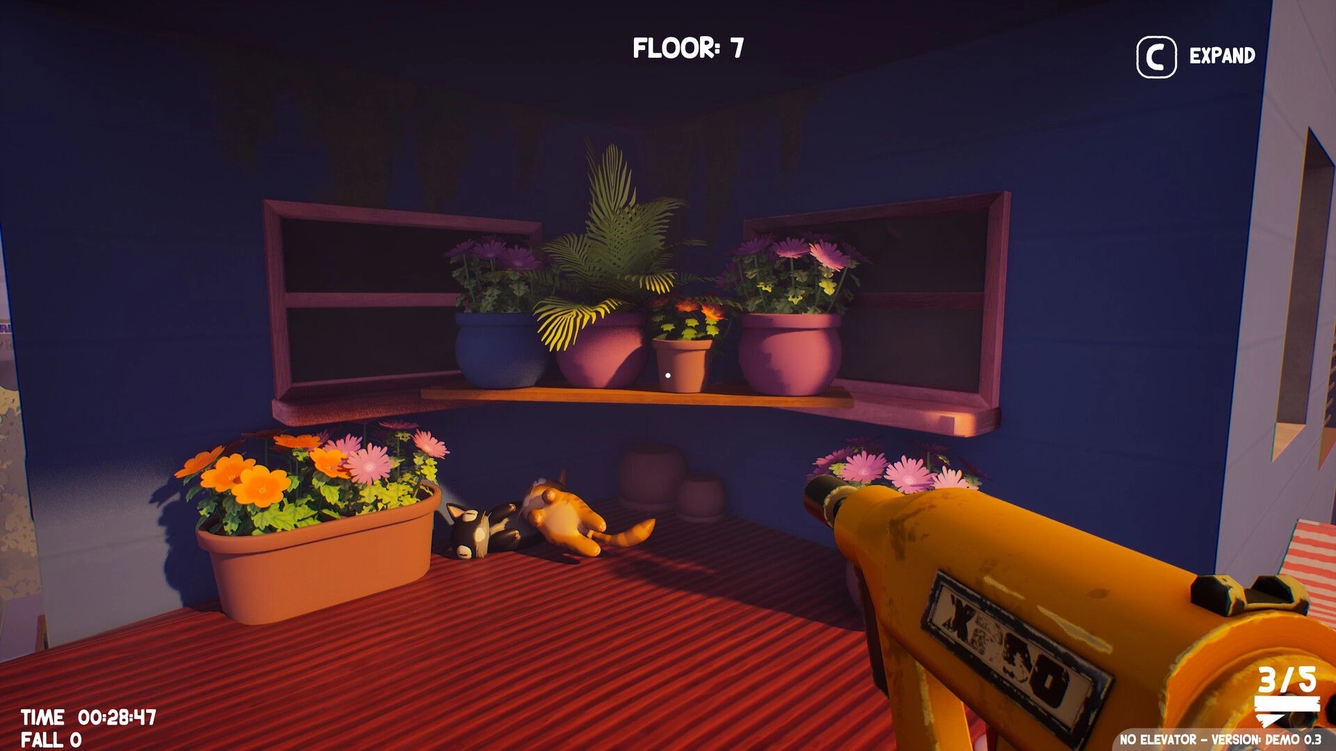 No Elevator: Plank gun aimed at plant shelves and a sleeping cat on a balcony, Floor 7 HUD visible.