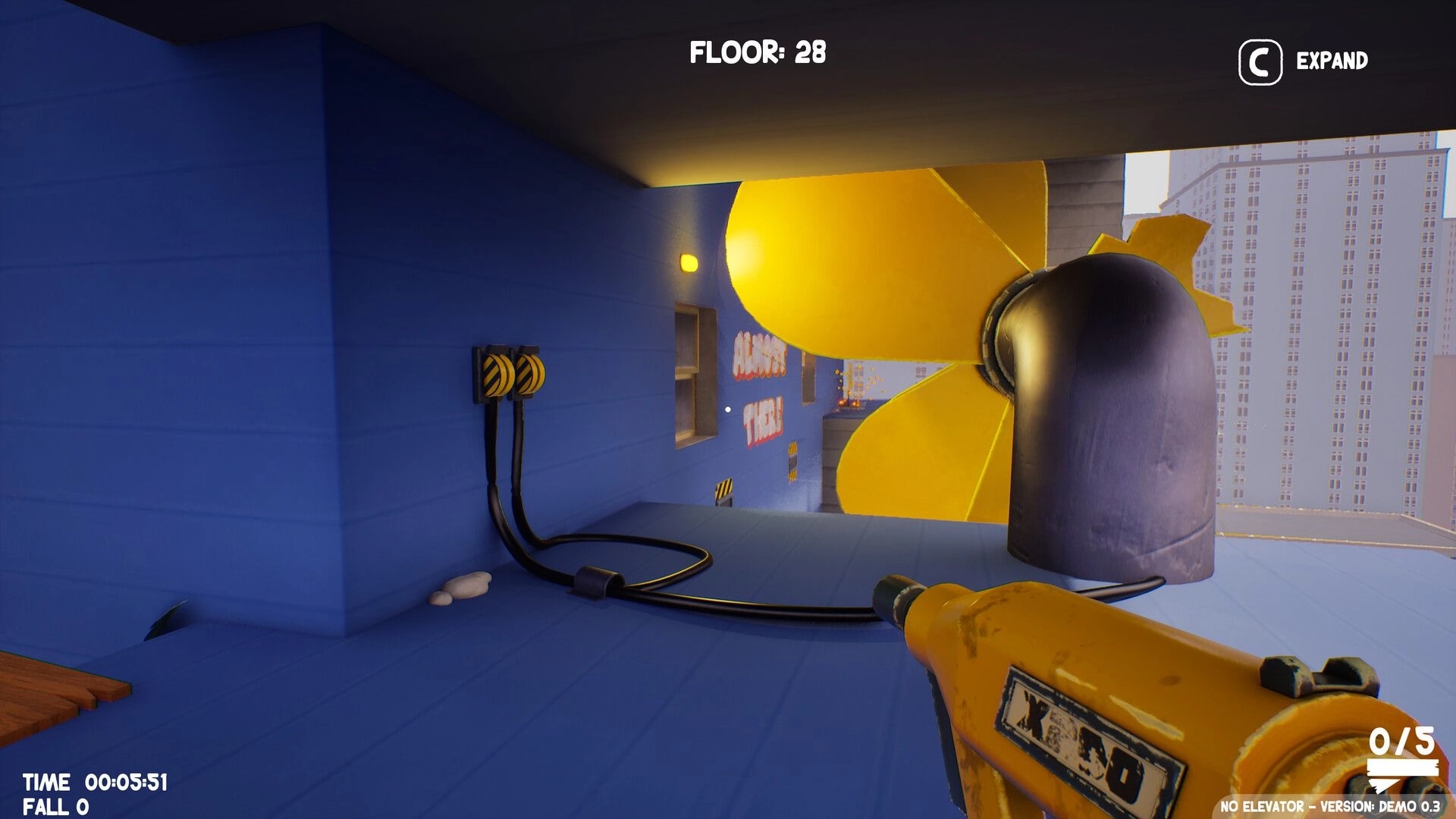 No Elevator: Plank gun aimed at huge yellow fan on floor 28 ledge, timer and ammo UI visible.