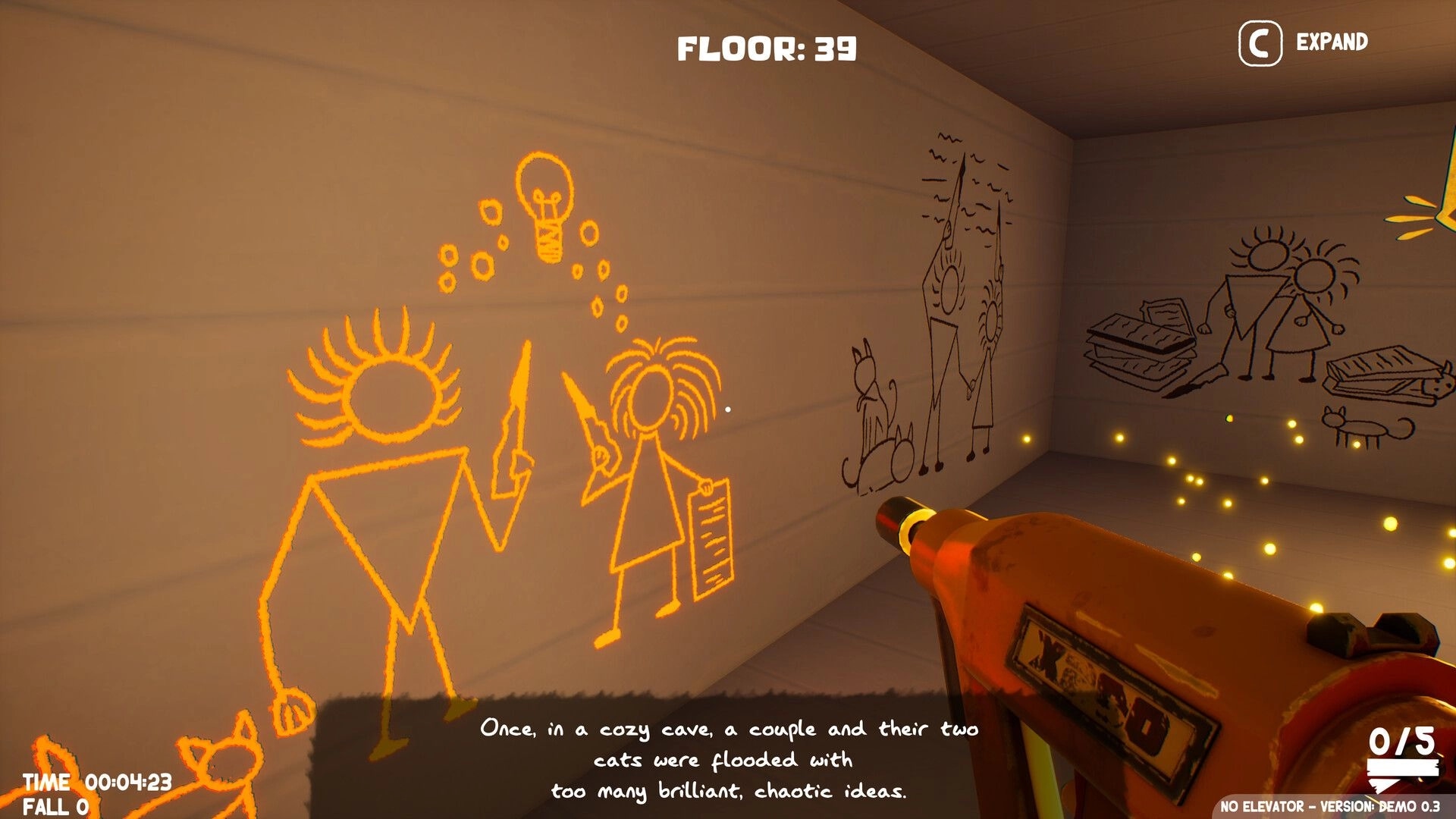 No Elevator: Plank gun aimed at glowing wall doodles in a room, UI shows Floor 39 and 0/5 collected.