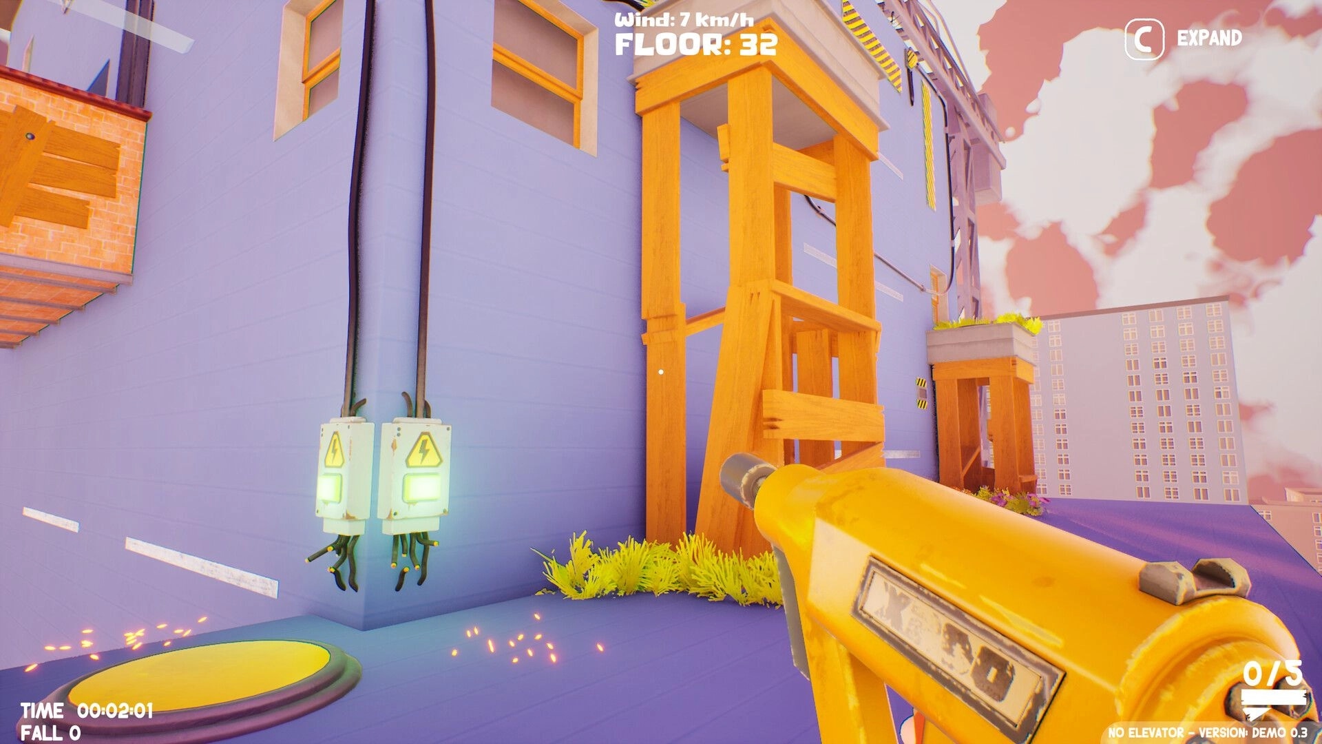 No Elevator: Plank gun aimed at wooden scaffold on rooftop, UI shows Floor 32 and wind speed.