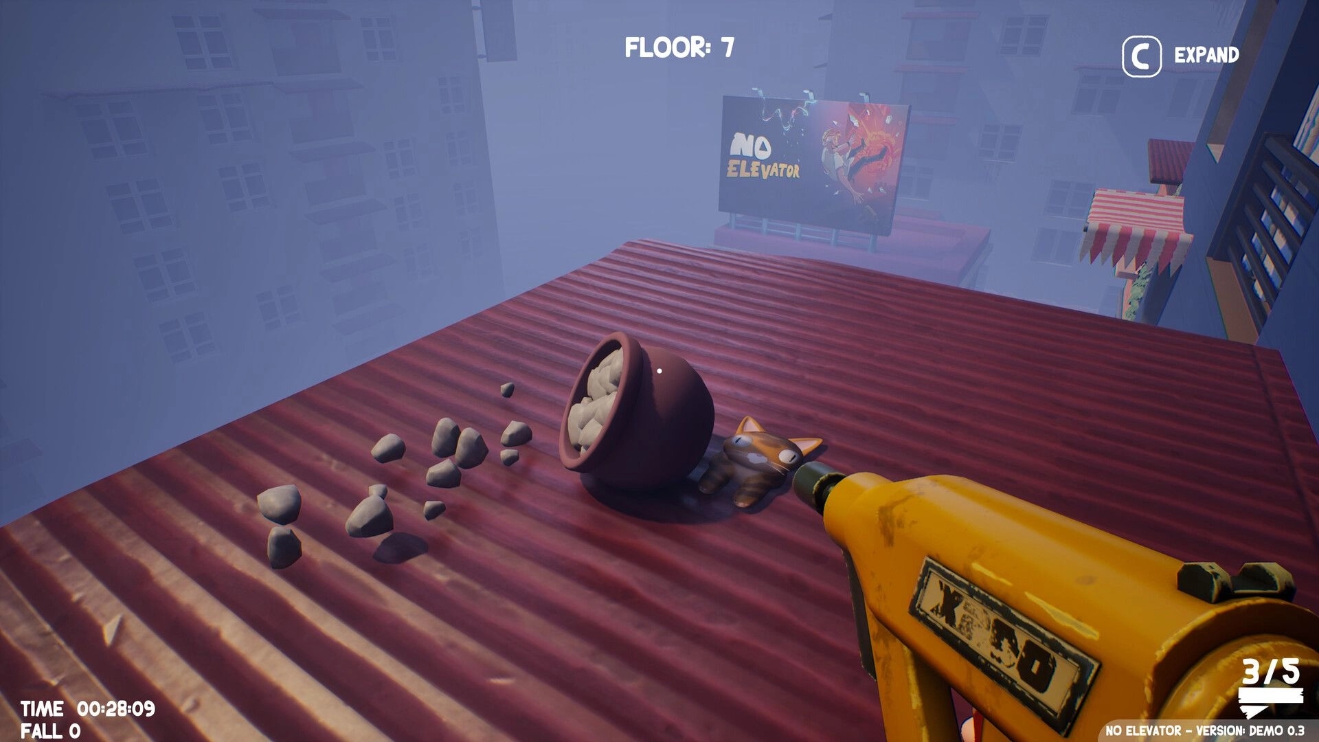 No Elevator: First-person plank gun aimed on rooftop loot, Floor 7 UI, foggy city billboards ahead.