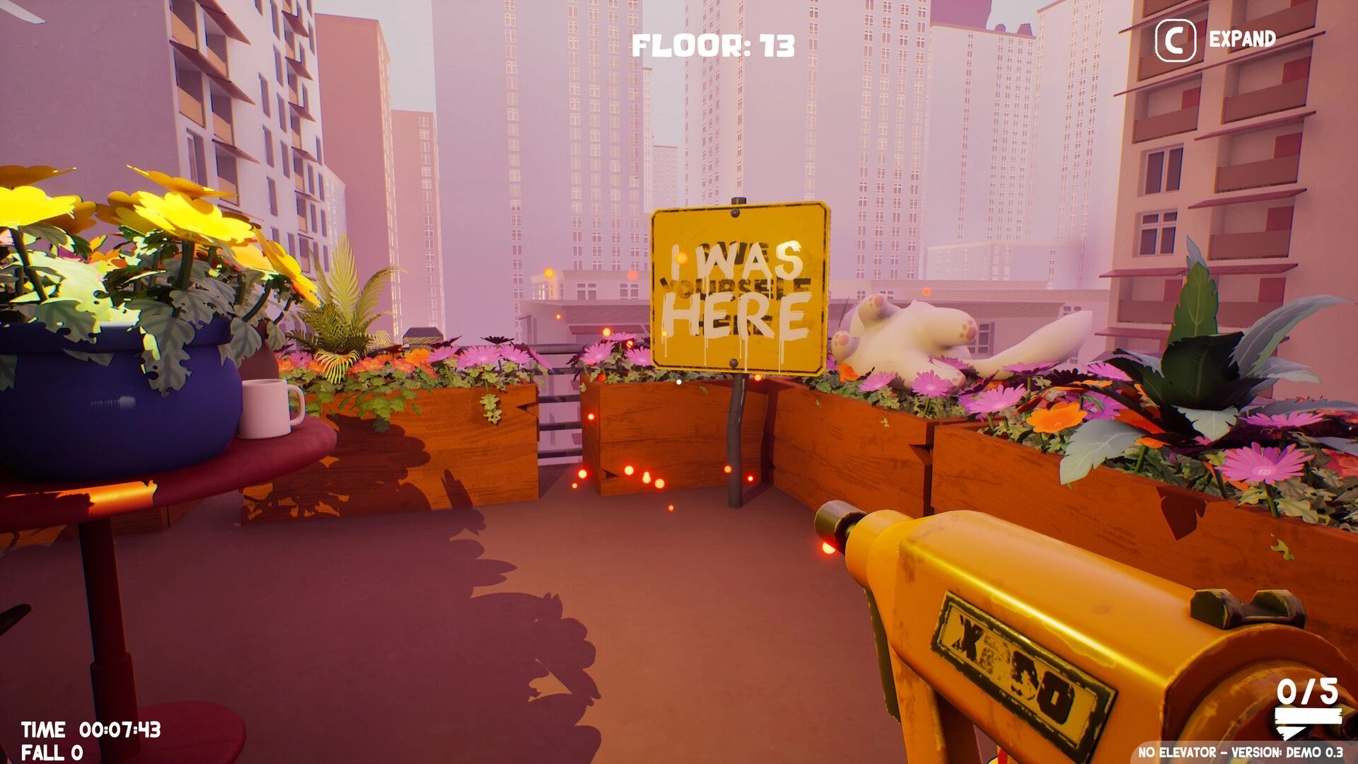 No Elevator: Plank gun aimed at a “WAS HERE” sign on a flowered balcony, Floor 13 UI visible.