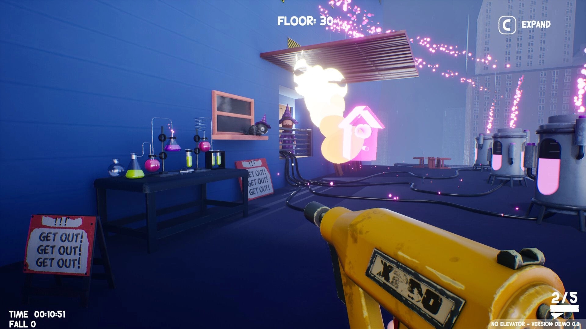 No Elevator: Plank gun aimed at glowing pink portal on Floor 30 lab rooftop with flasks and cables.
