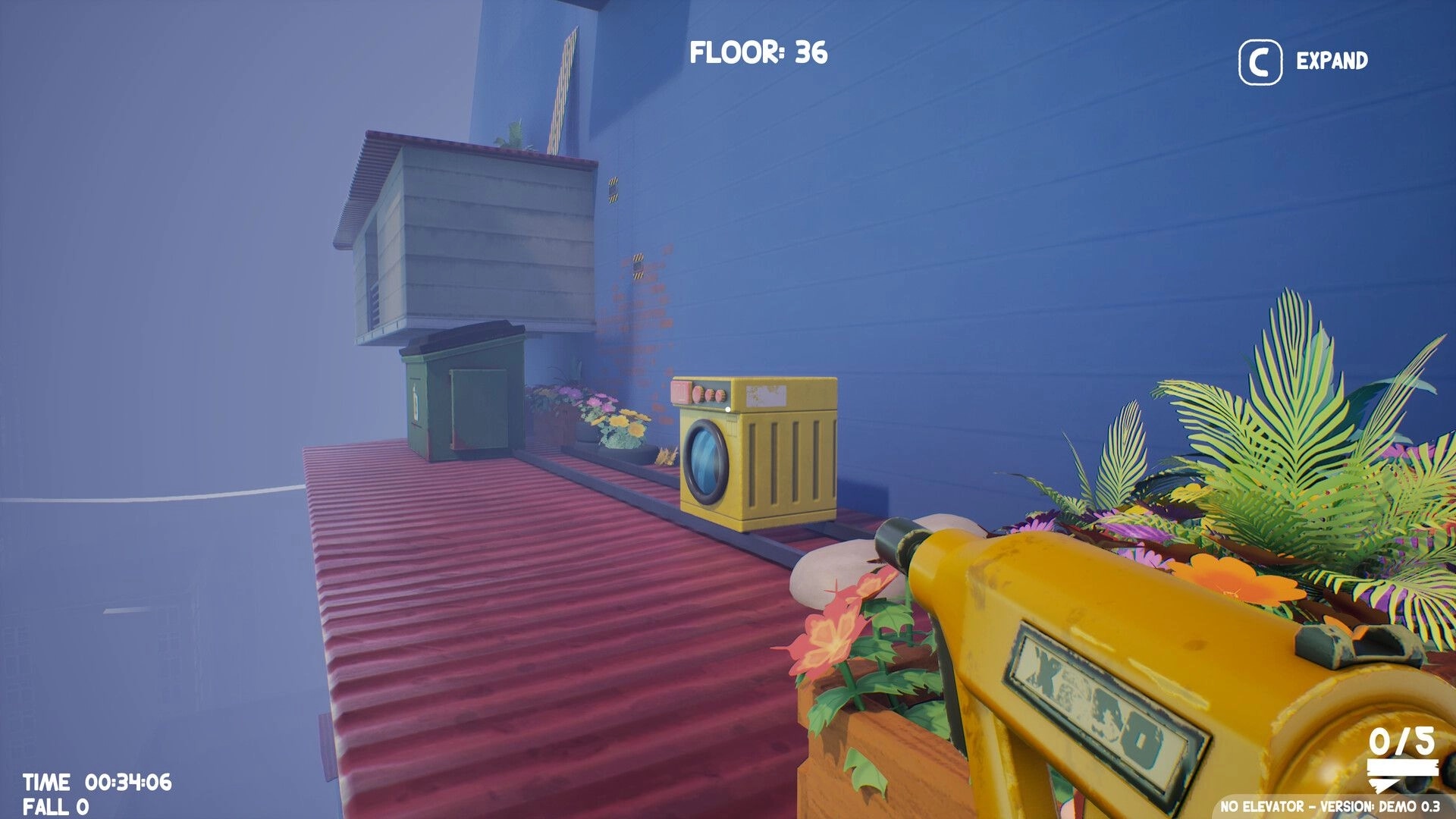 No Elevator: First-person plank gun aimed on rooftop ledge, Floor 36 UI amid fog and plants.