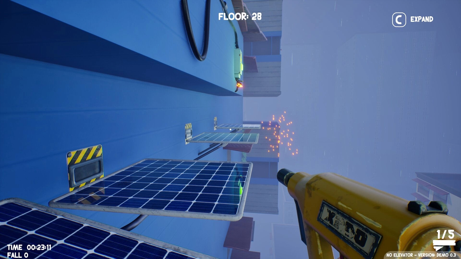 No Elevator: Plank gun aiming across solar panel platforms on Floor 28 in rainy high-rise exterior climb.