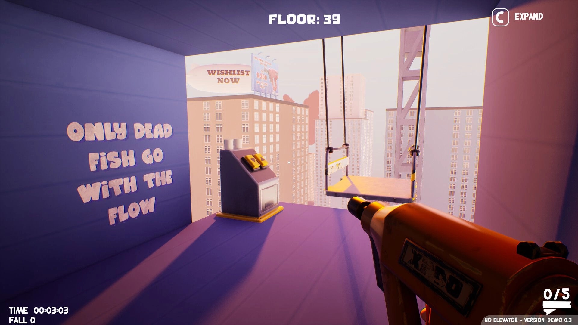 No Elevator: Plank gun aimed at a hanging platform on Floor 39, city skyline beyond open wall.