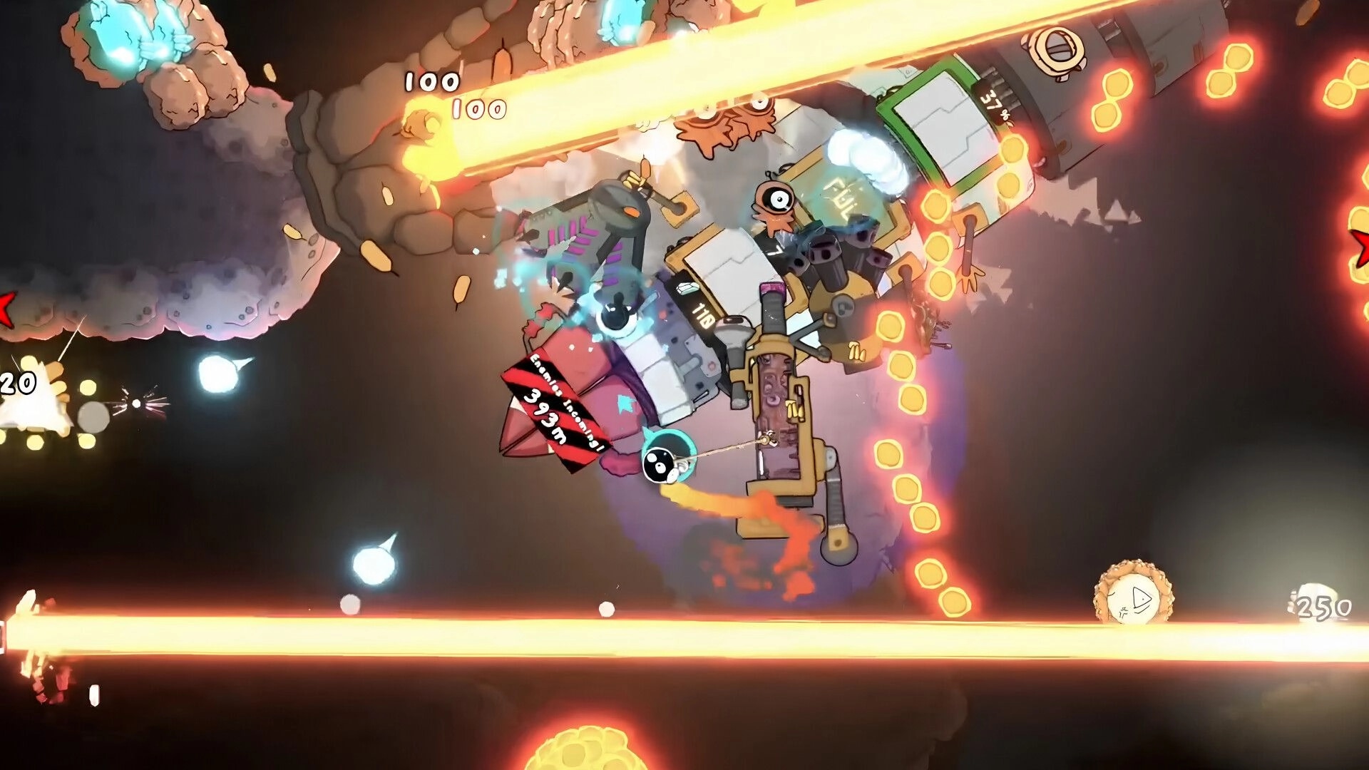 No Humanity: Intern swings on rope around a spinning ship, dodging lasers in smoky space cave arena.