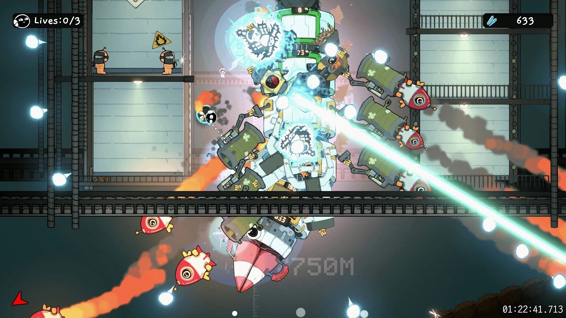 No Humanity: Intern dodging laser fire from a giant mech boss inside a space station, lives 0/3 UI.