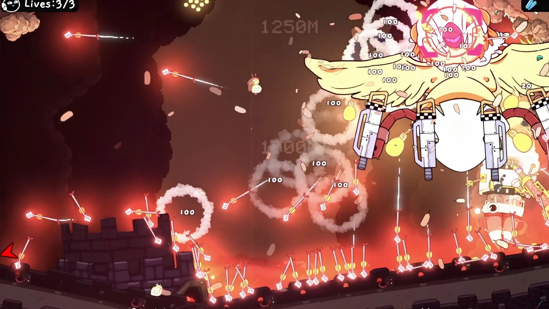 No Humanity: Rocket barrage hits a giant winged boss with damage numbers in a smoky asteroid cavern.