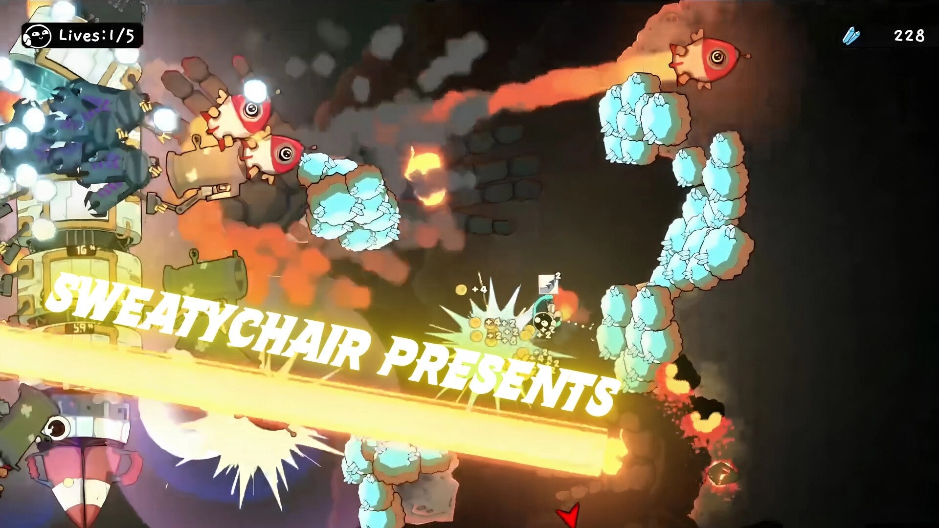 No Humanity: Intern dodges laser and flying enemies in smoky cave, Lives 1/5 and 228 crystals UI.