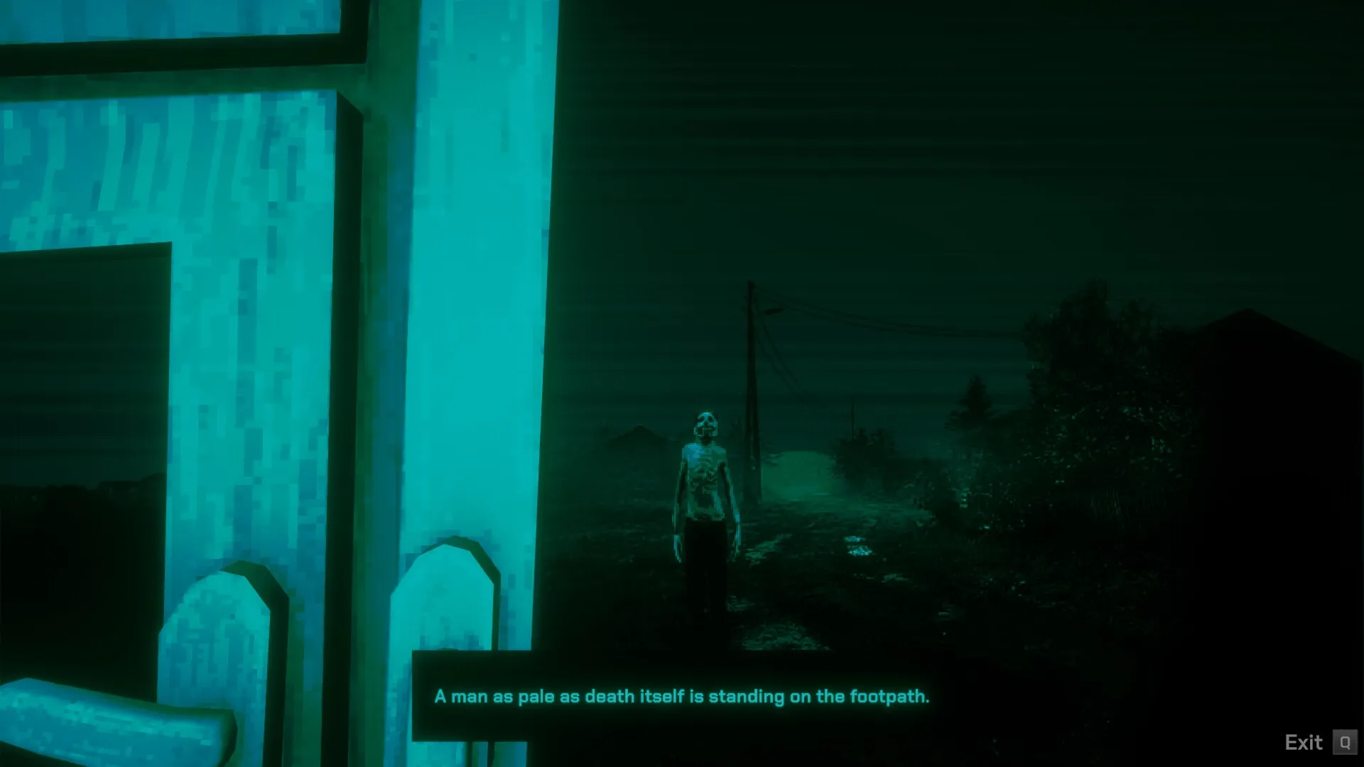 No, I'm not a Human: Pale figure approaches on dark path, viewed from doorway with eerie green lighting