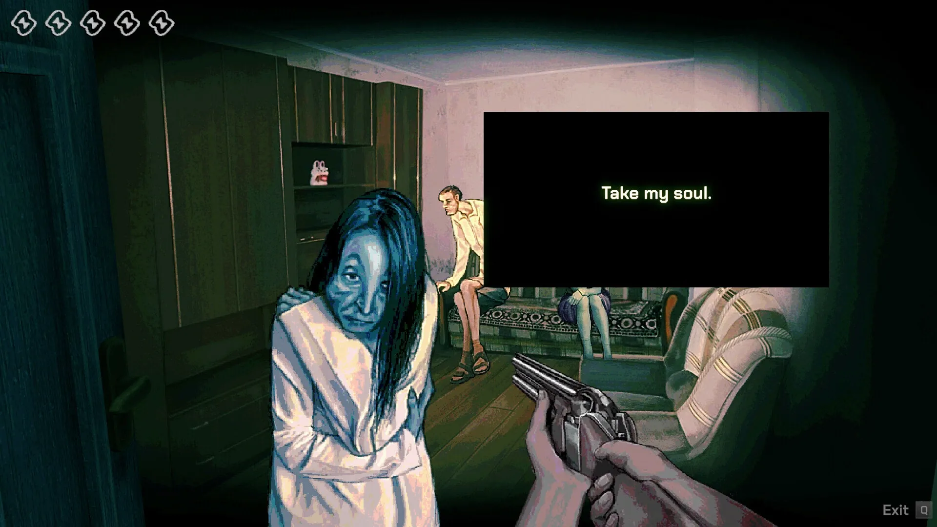 No, I'm not a Human: Confronting eerie figure with gun in dimly lit living room; "Take my soul" text displayed.