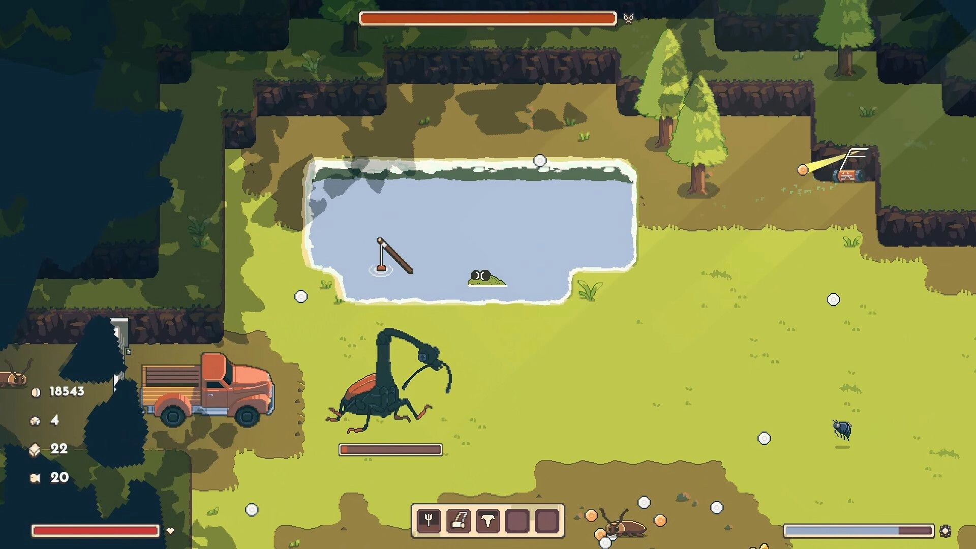No More Pesticide: Giant beetle boss near a pond and truck with health bars and hotbar UI in forest meadow.
