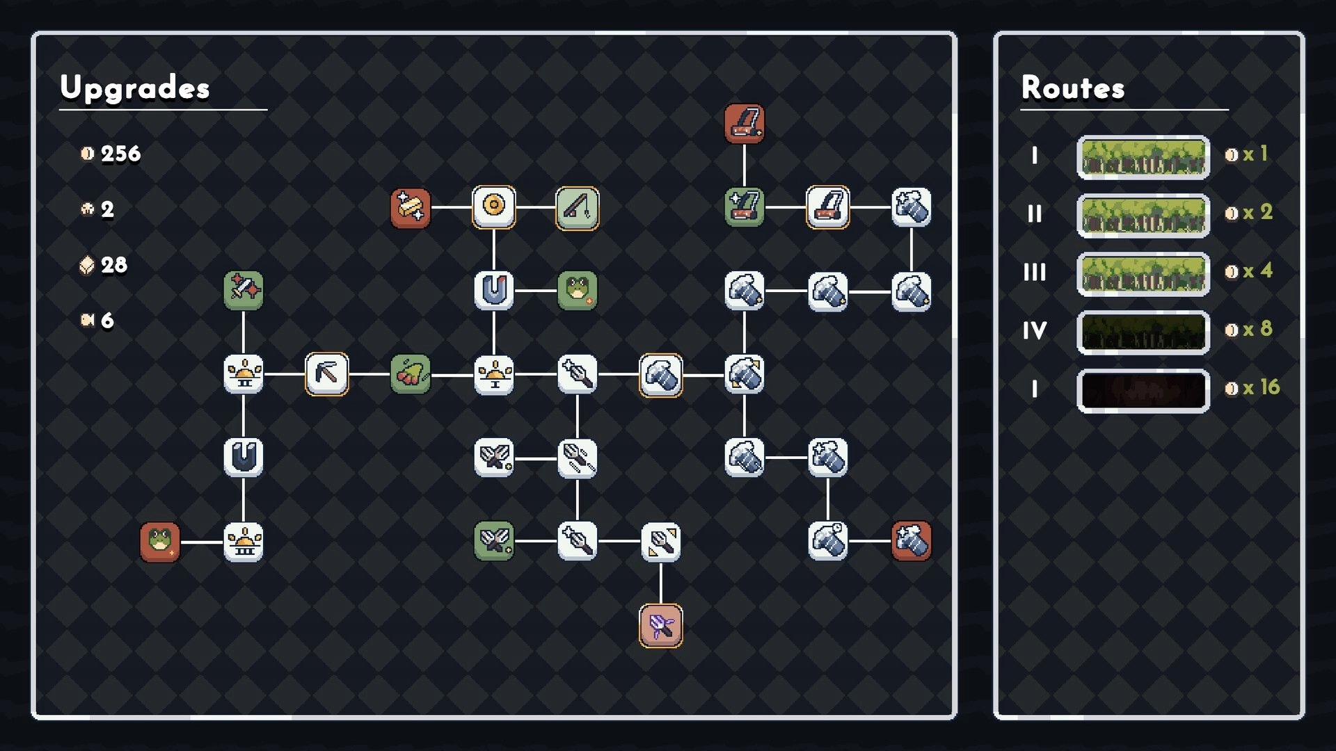 No More Pesticide: Upgrade skill tree with connected icons and route tiers list on dark UI screen.