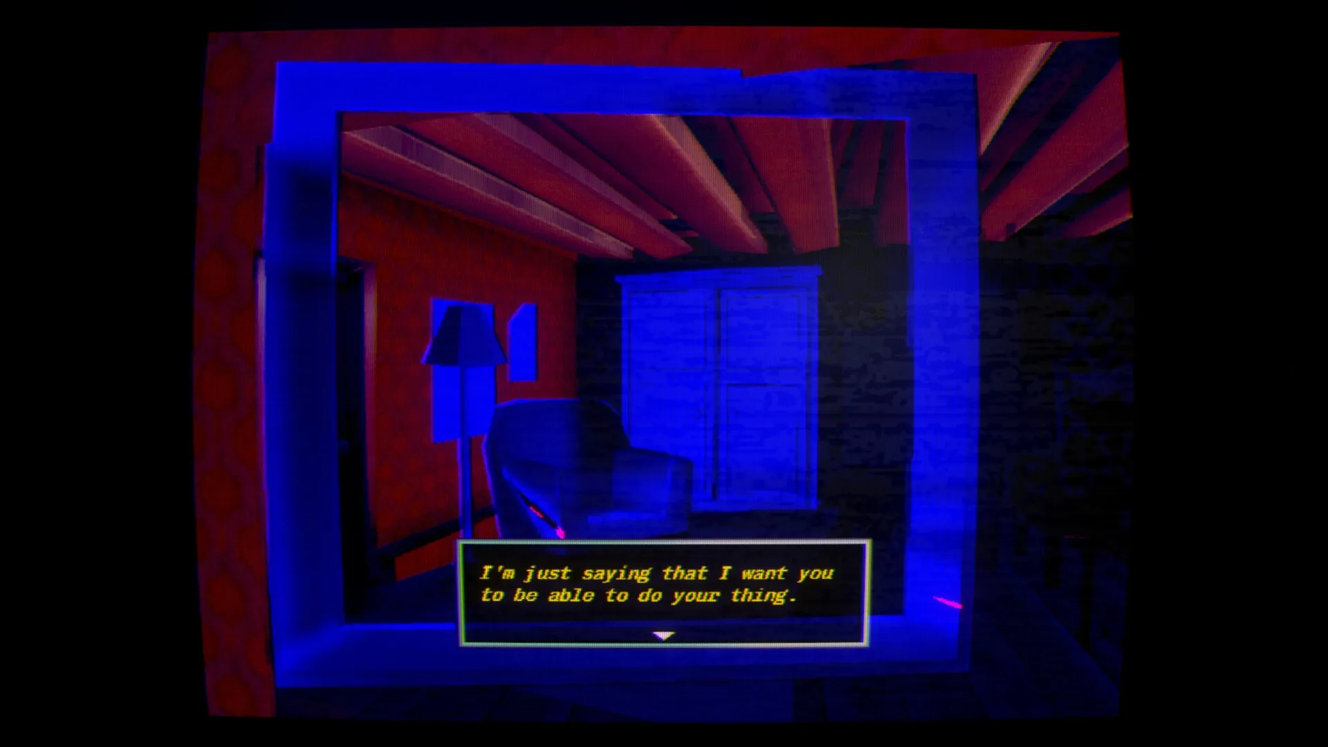 No Players Online: Blue-lit room with an armchair and dialogue box displaying a message in yellow text