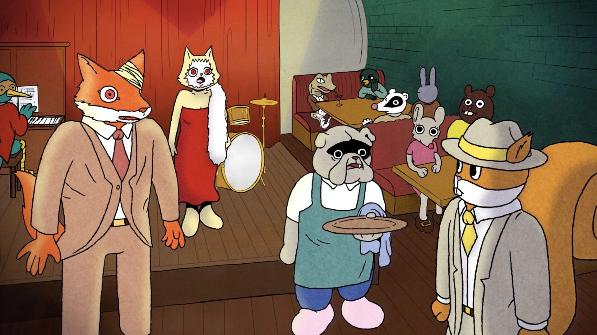 No Stone Unturned: Detective Cox in a lively bar interrogating a fox and observing quirky patrons