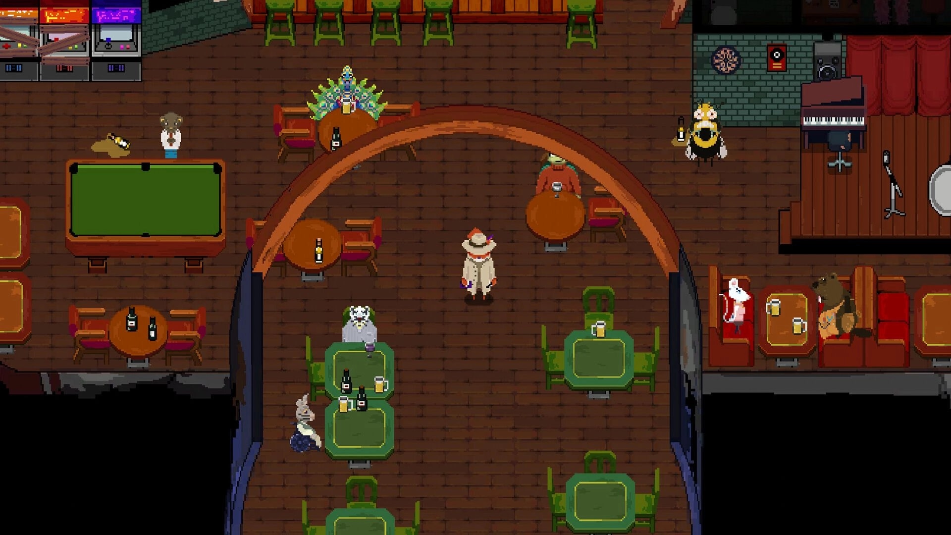 No Stone Unturned: Detective Cox explores a bustling tavern filled with quirky characters and tables.