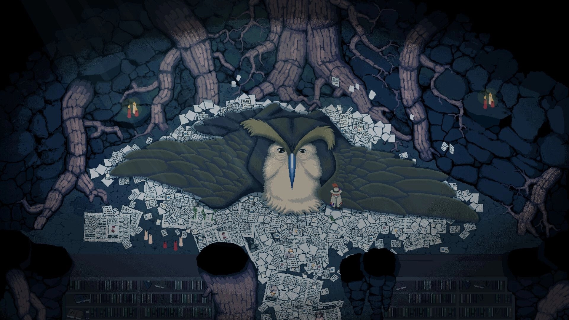 No Stone Unturned: Detective Cox confronts a giant owl in a cavern filled with scattered papers.