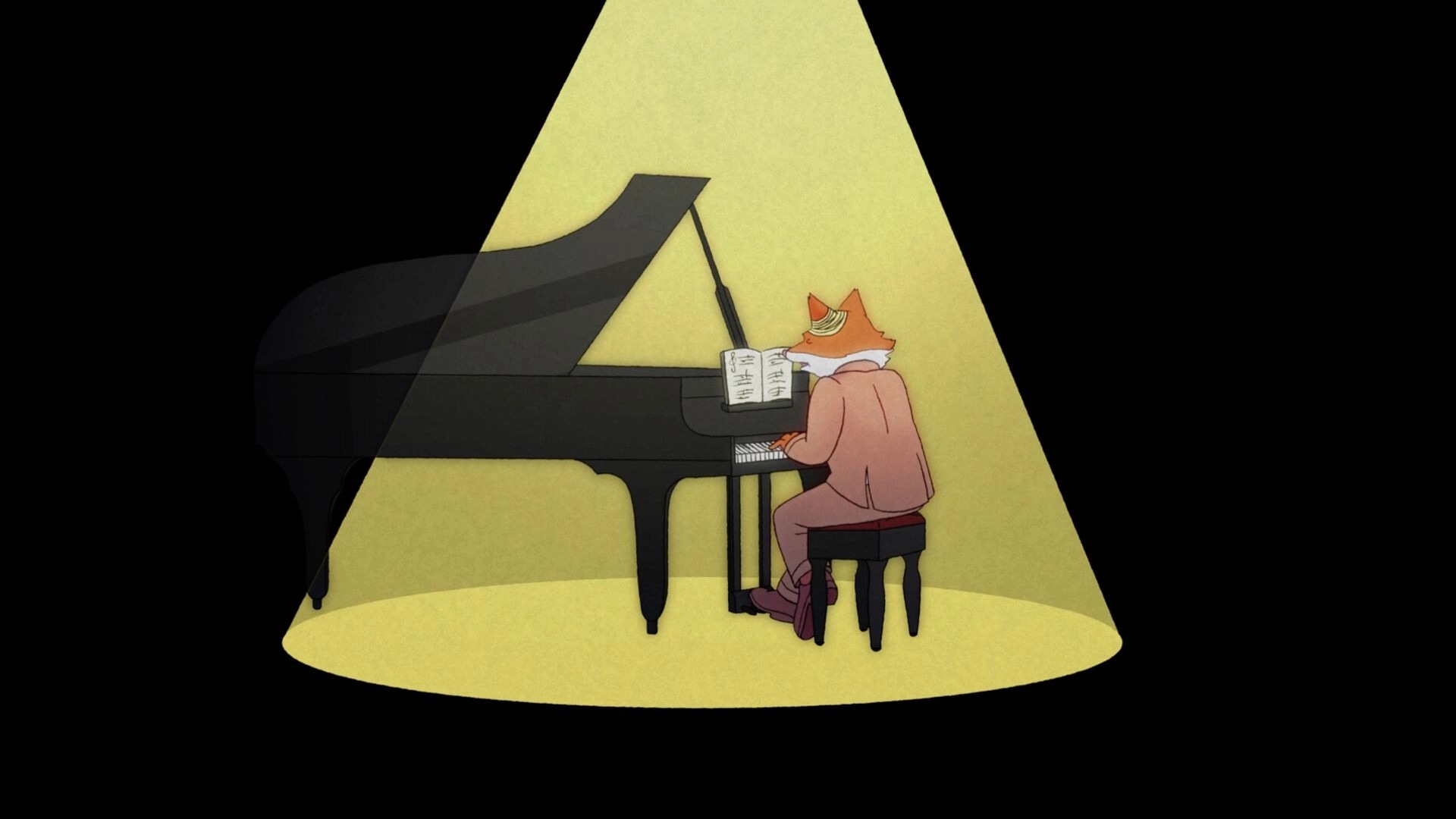 No Stone Unturned: Detective Cox plays piano under spotlight in dark theater setting
