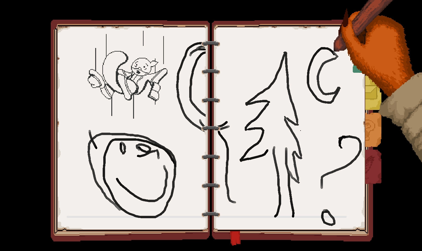 No Stone Unturned: Detective Cox sketches clues in a notebook, featuring a tree and a squirrel drawing.