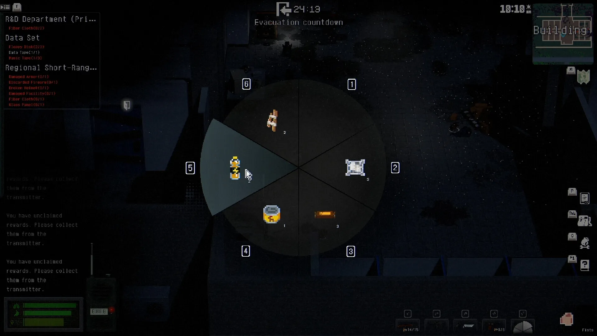 No Such Place: Inventory selection wheel with items in a dimly lit industrial building, evacuation countdown.