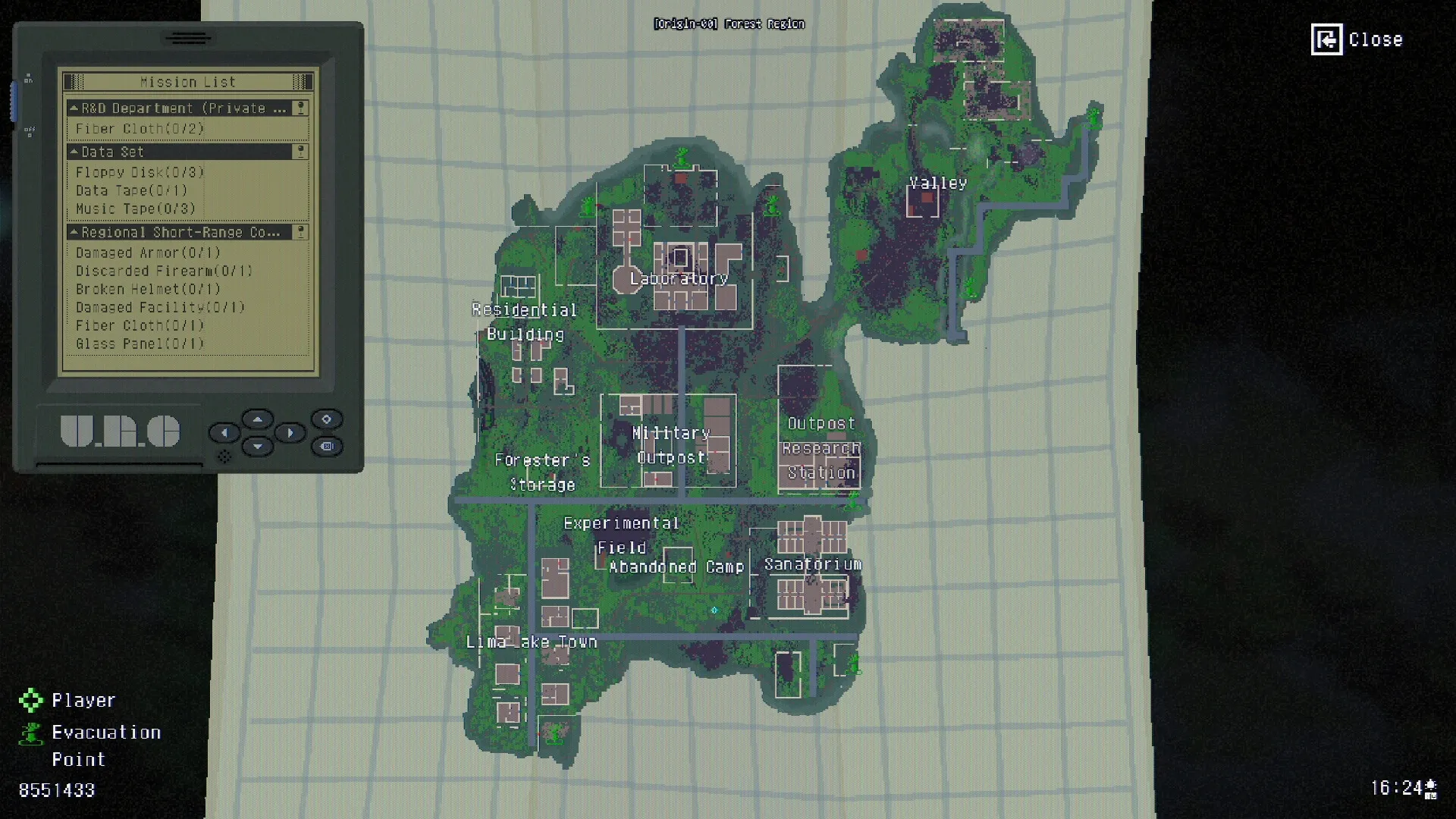 No Such Place: Mission list with map showing laboratory, military outpost, and evacuation point locations.