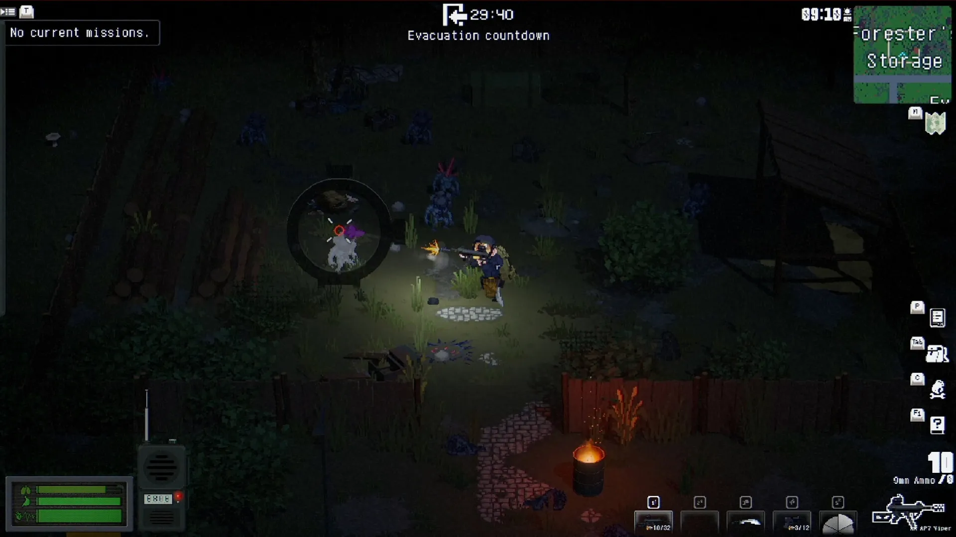 No Such Place: Player engages enemy in dark forest clearing, surrounded by UI elements and mission timer.