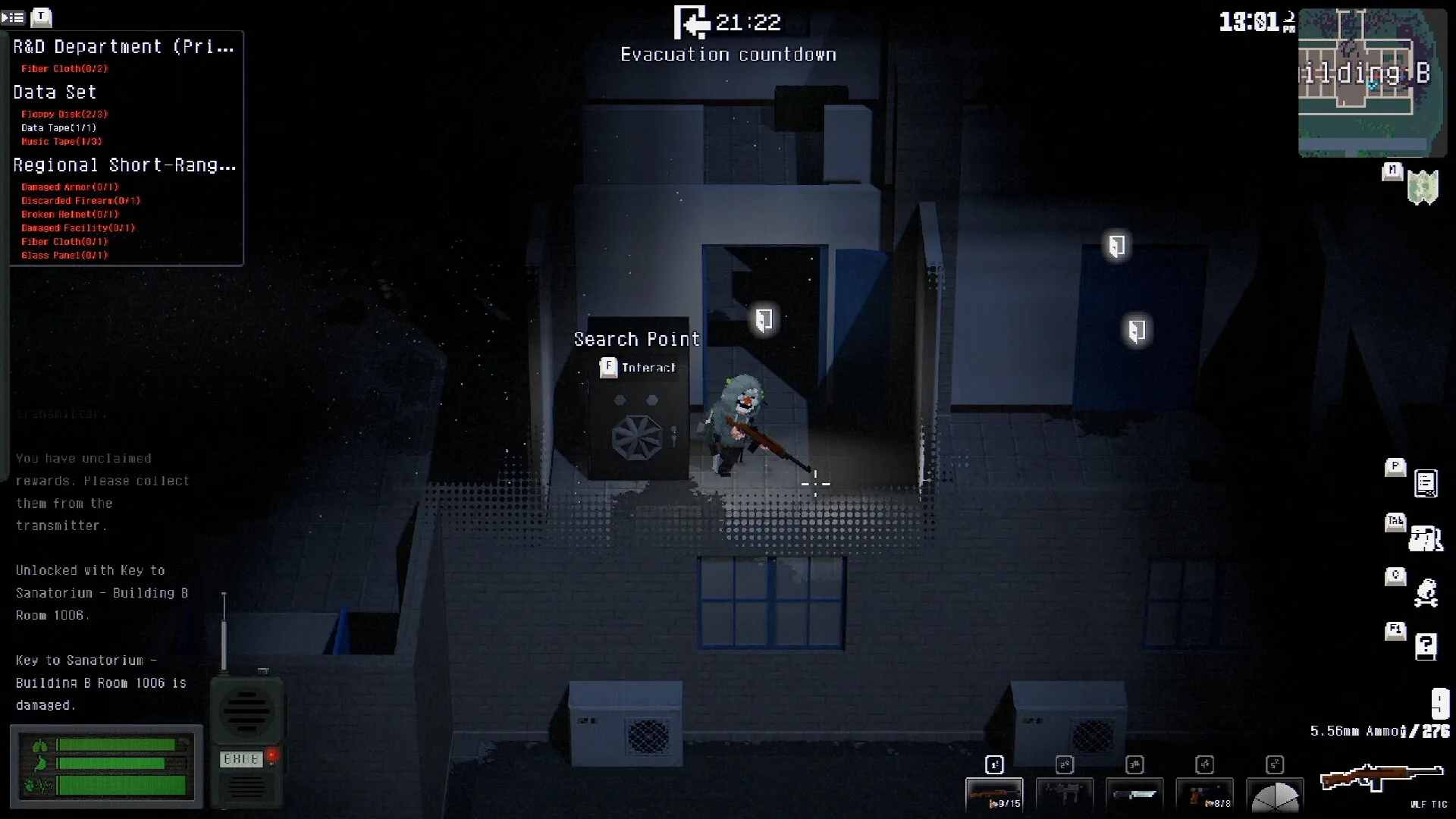 No Such Place: Character at search point in dimly lit building, evacuation countdown at top of screen