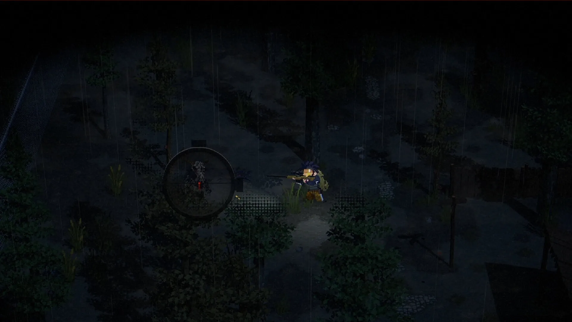 No Such Place: Player aiming rifle in dark forest with rain, surrounded by trees and a targeting reticle.