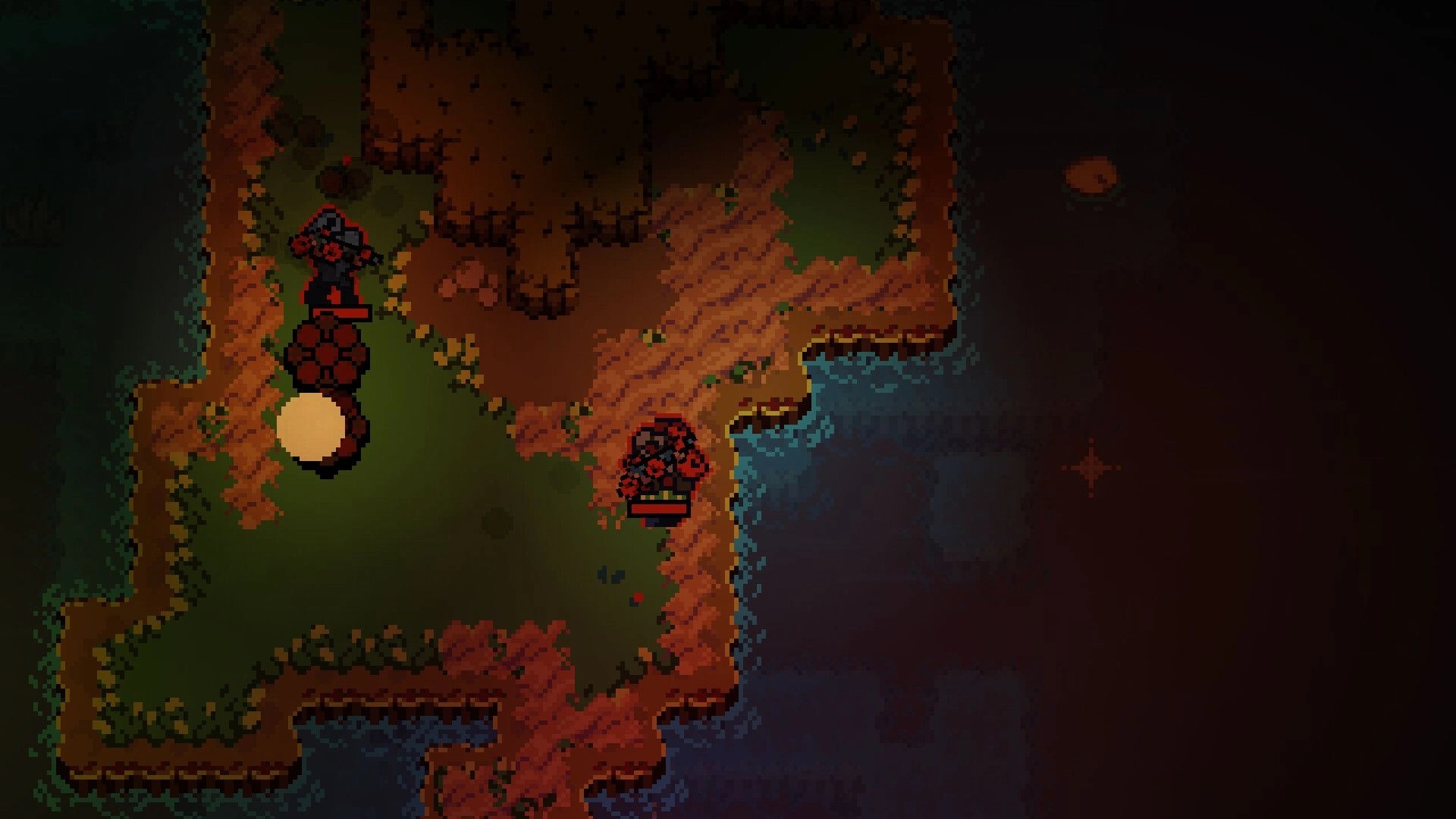 No Sweet Looks: Player character confronting monsters on a pixelated island surrounded by dark ocean