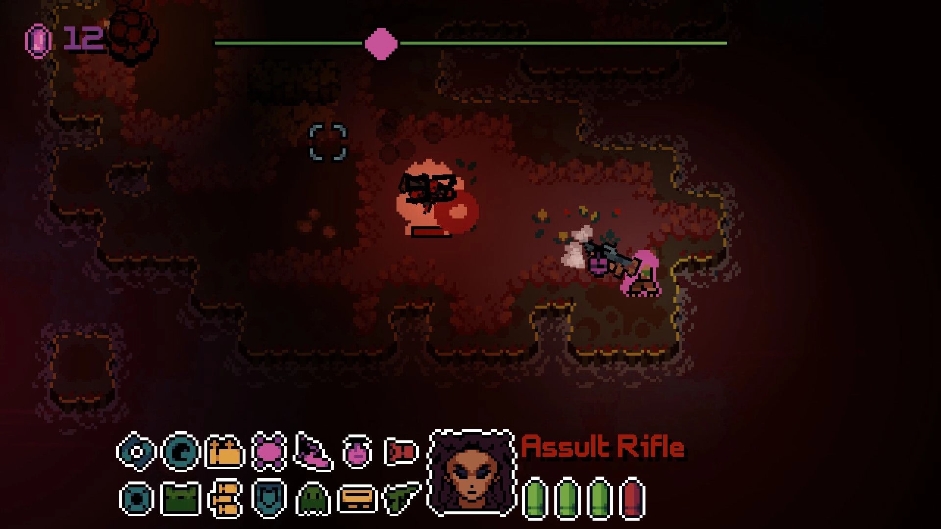 No Sweet Looks: Player shooting at a monster with assault rifle in dimly lit cave, UI and health visible