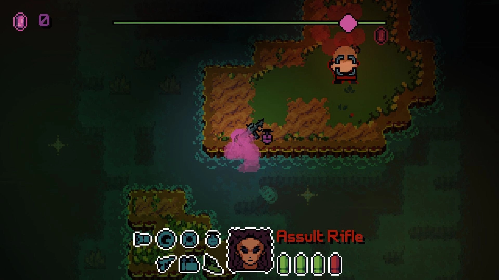 No Sweet Looks: Player using assault rifle against monster on grassy island with HUD showing ammo and health