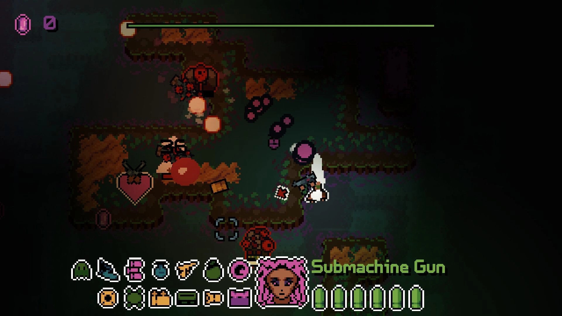 No Sweet Looks: Player battles monsters in dark forest setting with inventory and health bar displayed.