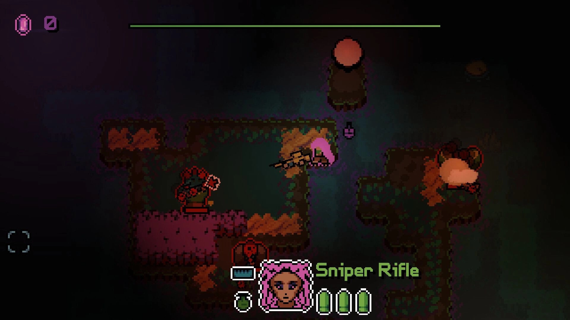 No Sweet Looks: Player character with sniper rifle sneaks past monsters in dark, maze-like dungeon.