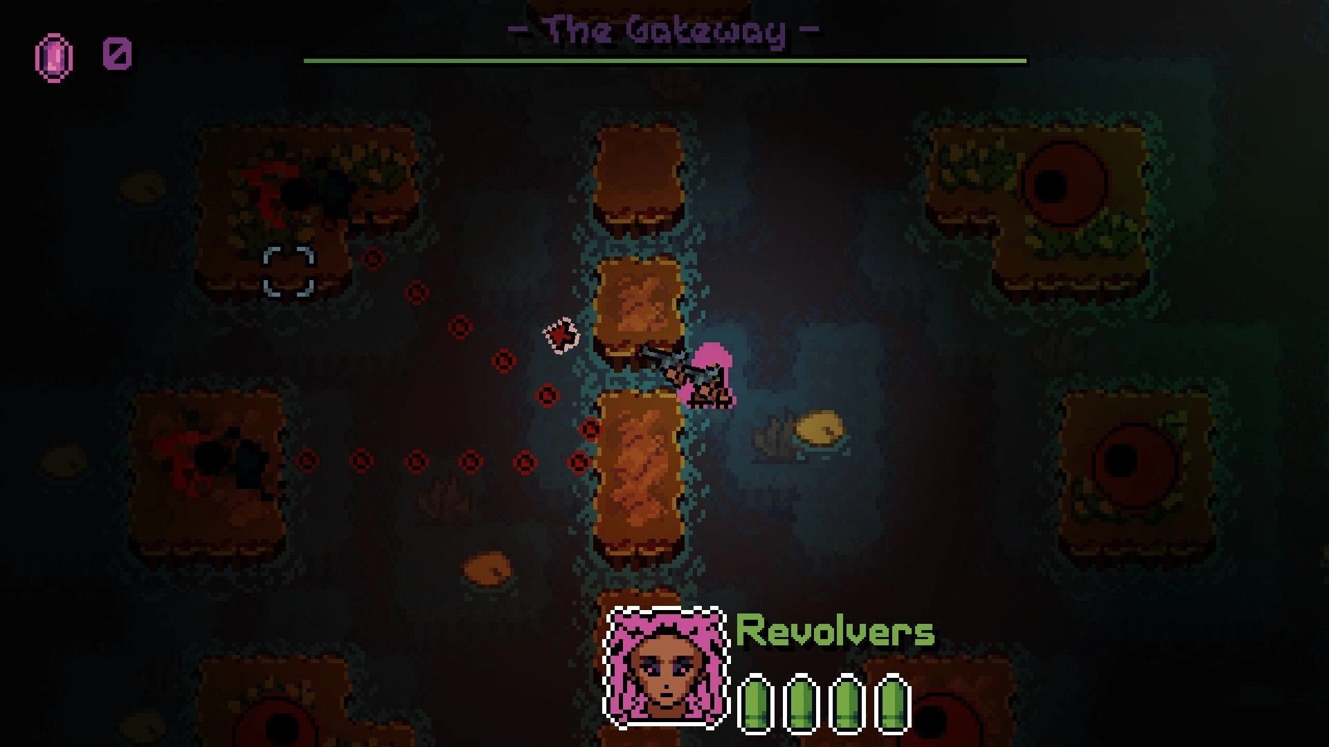 No Sweet Looks: Player with pink hair shoots at enemies in dark dungeon, HUD shows revolver ammo