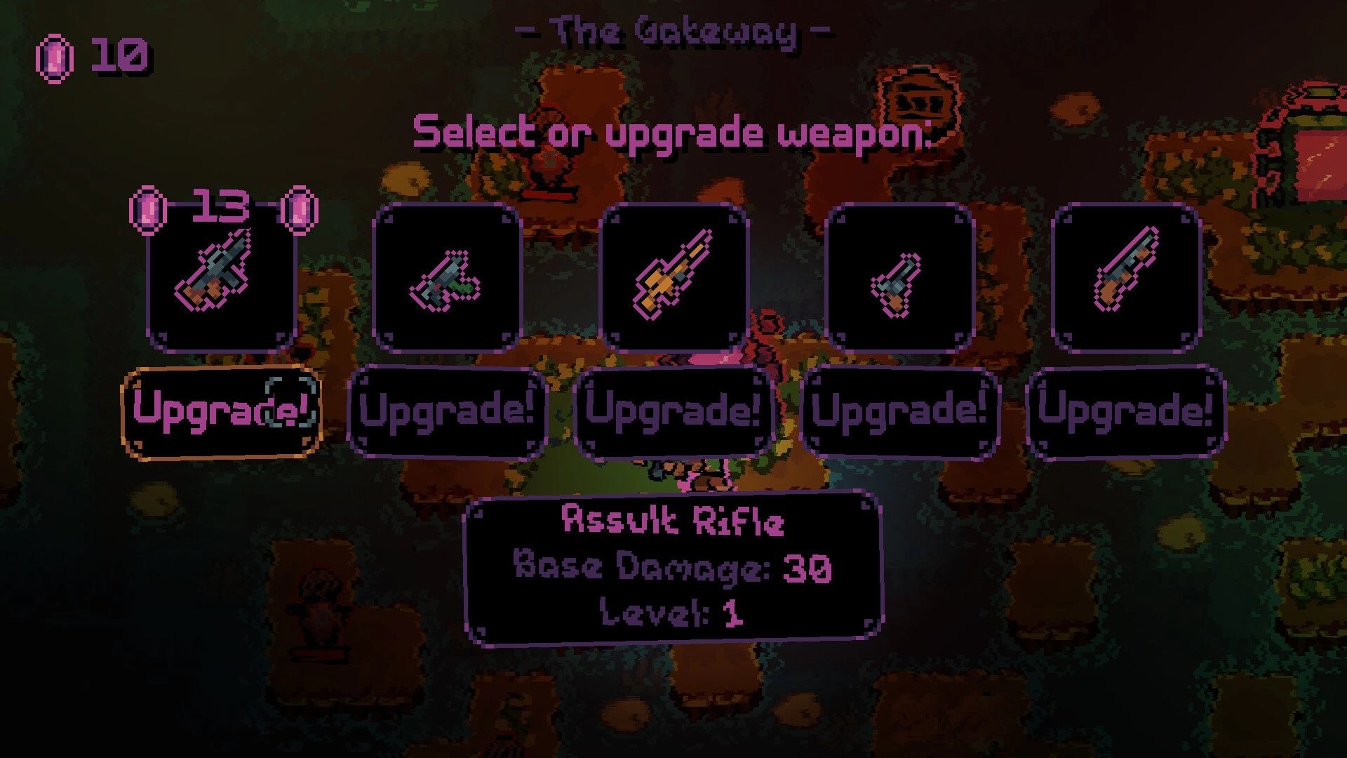 No Sweet Looks: Weapon upgrade menu with various firearms and upgrade options in the Gateway setting