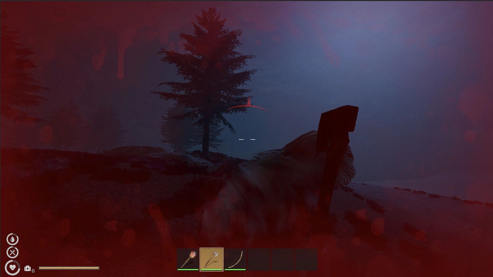 No Way Back: Player holding axe in dark forest with health and inventory UI visible on screen
