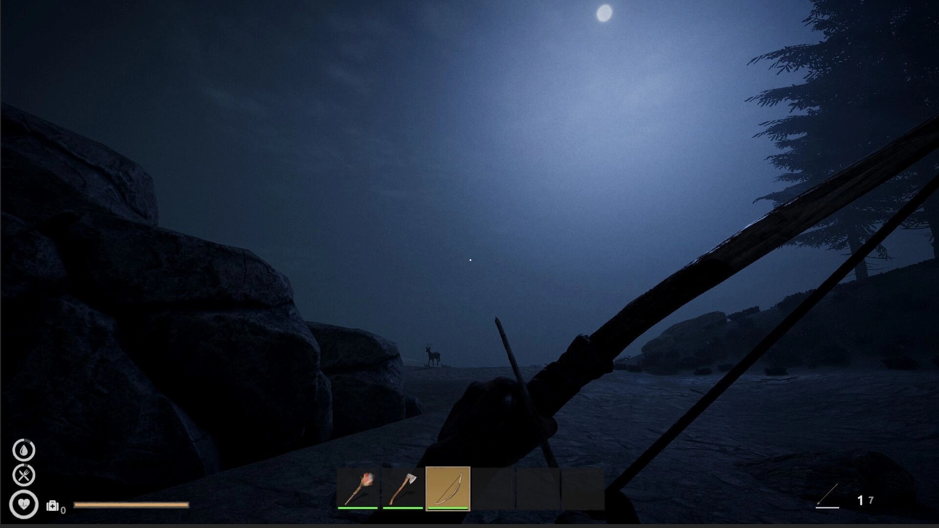 No Way Back: Aiming bow at distant deer under moonlit sky on rocky path with inventory UI visible