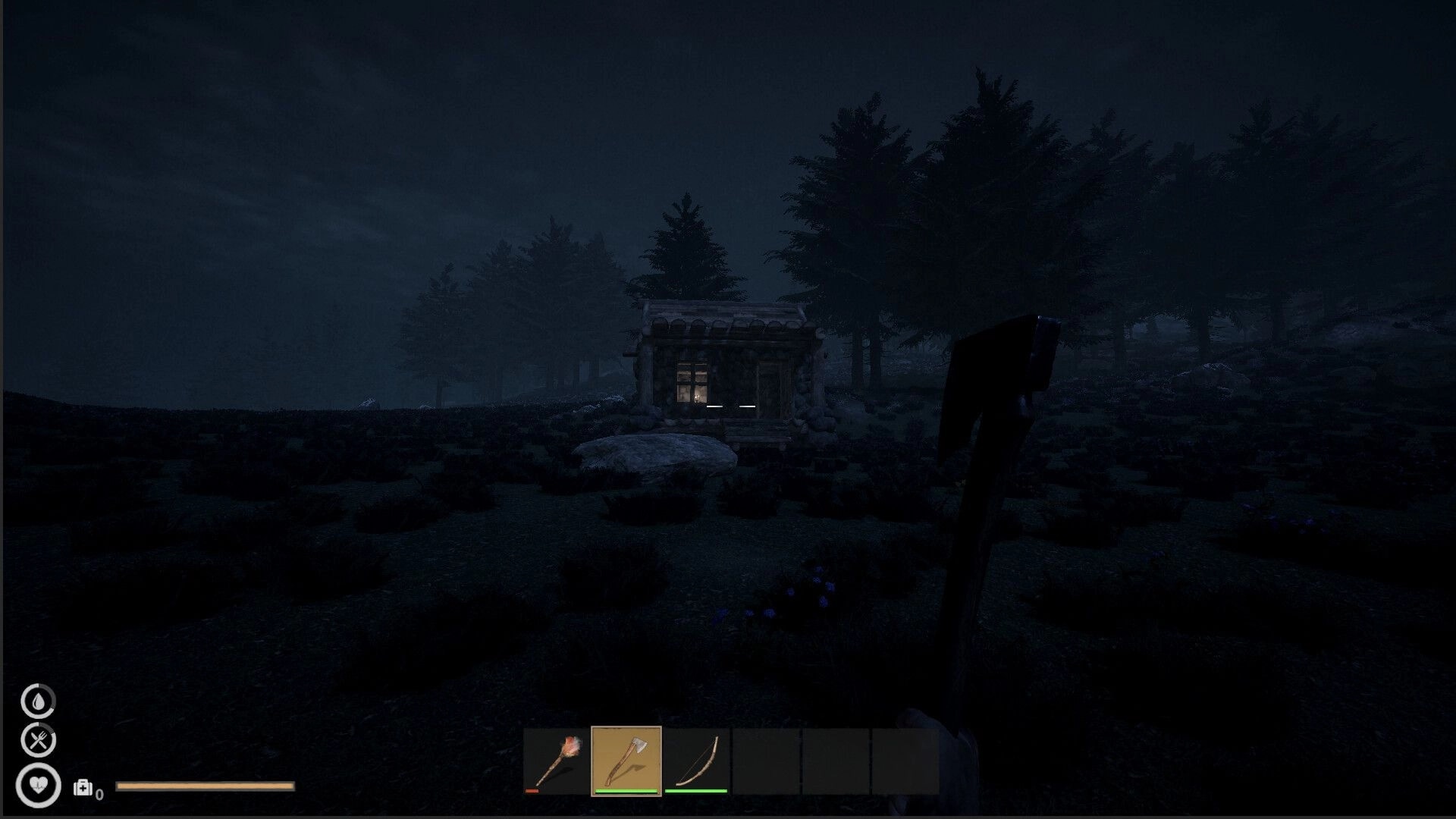 No Way Back: Player approaches cabin in dark forest, holding axe with inventory displayed on screen.