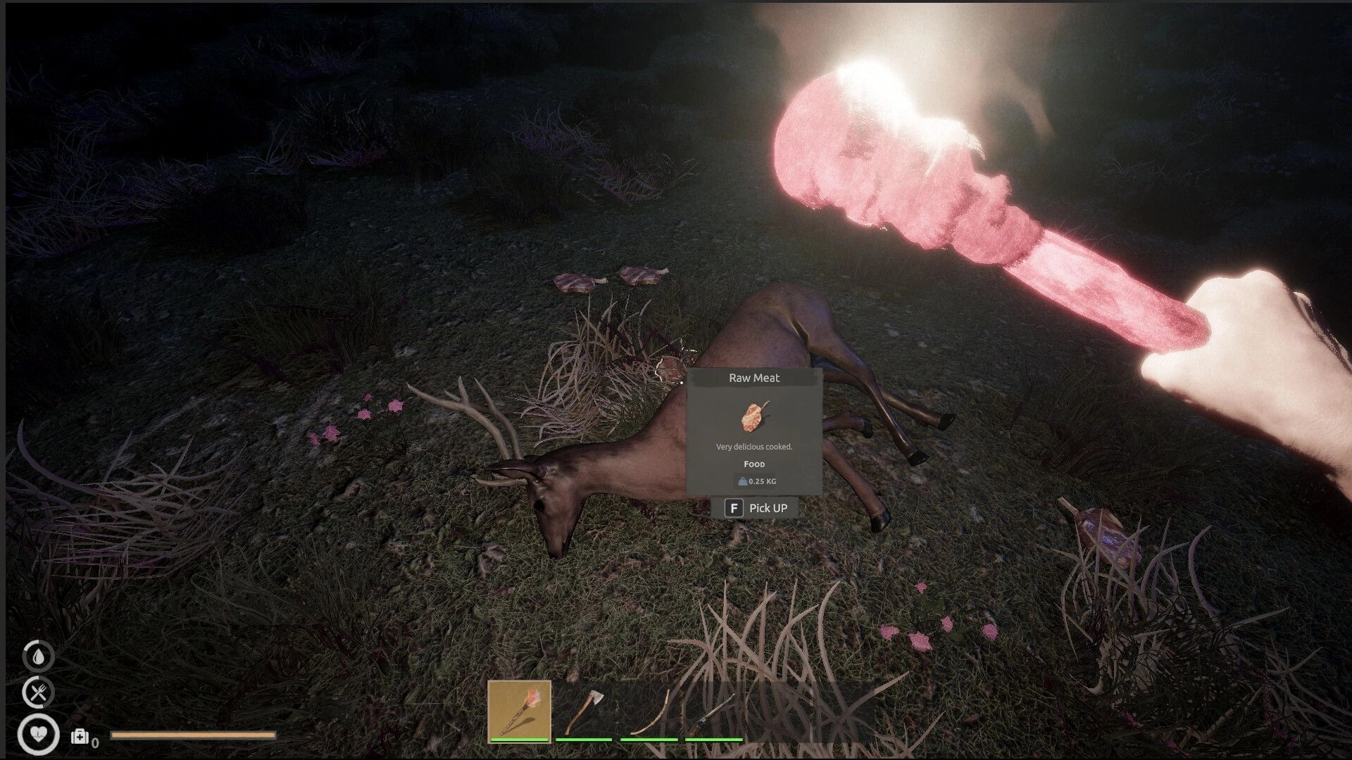 No Way Back: Player holding torch over deer carcass with raw meat prompt on forest floor