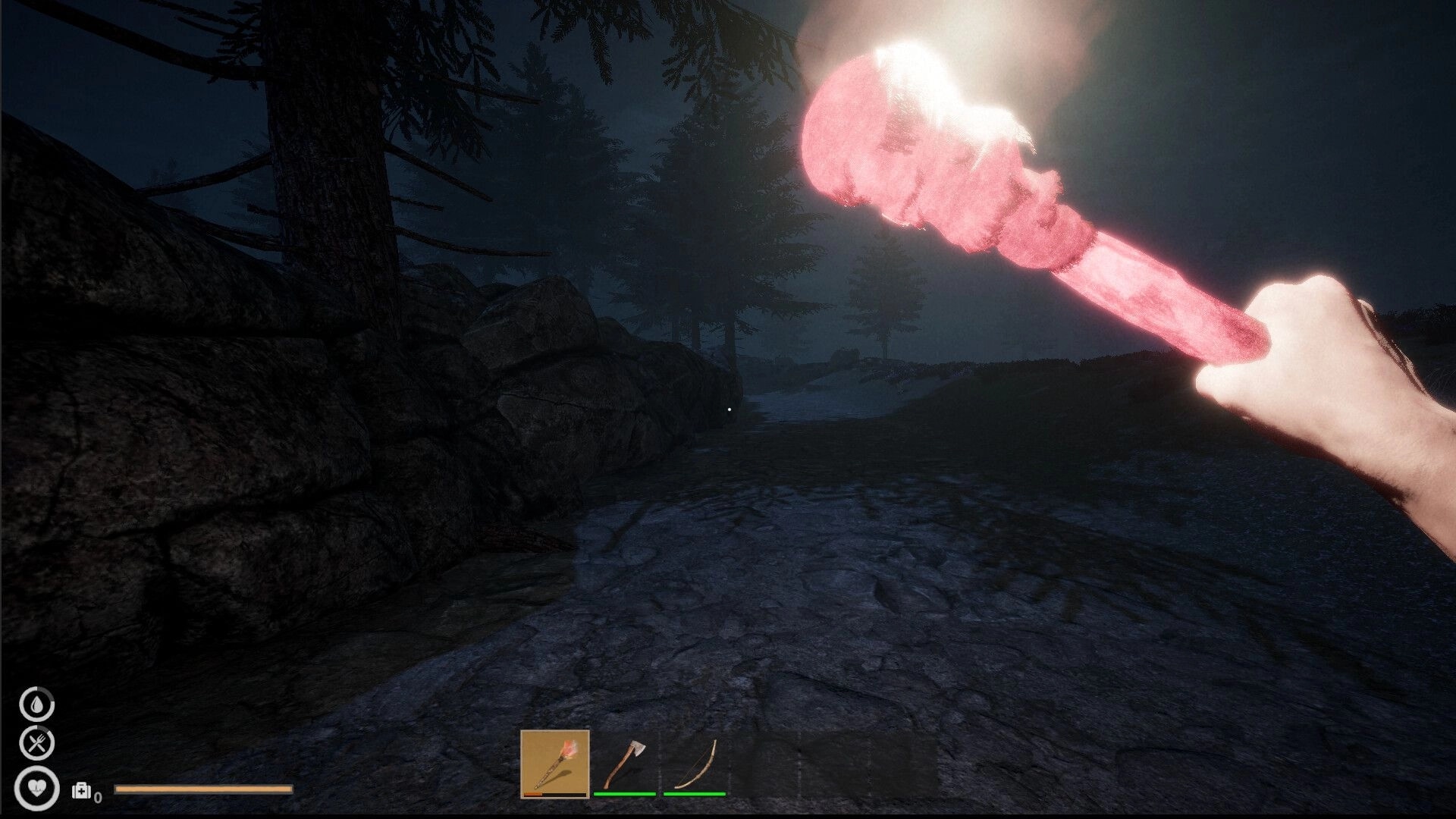 No Way Back: Exploring dark forest path with torch in hand, inventory and health indicators displayed